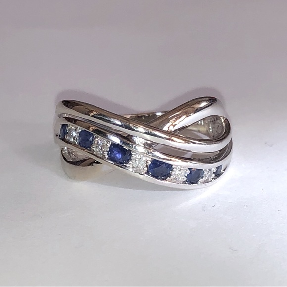 Solid Stamped 14K White Gold Natural Diamond Blue Sapphire Gemstones Band Ring - Picture 1 of 16
